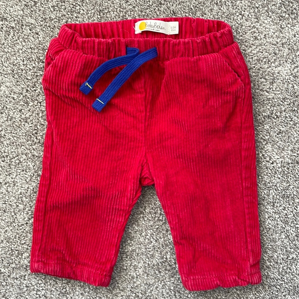 Baby Boden 0-3mo blue draw string jersey-lined red corduroy pants (like new)